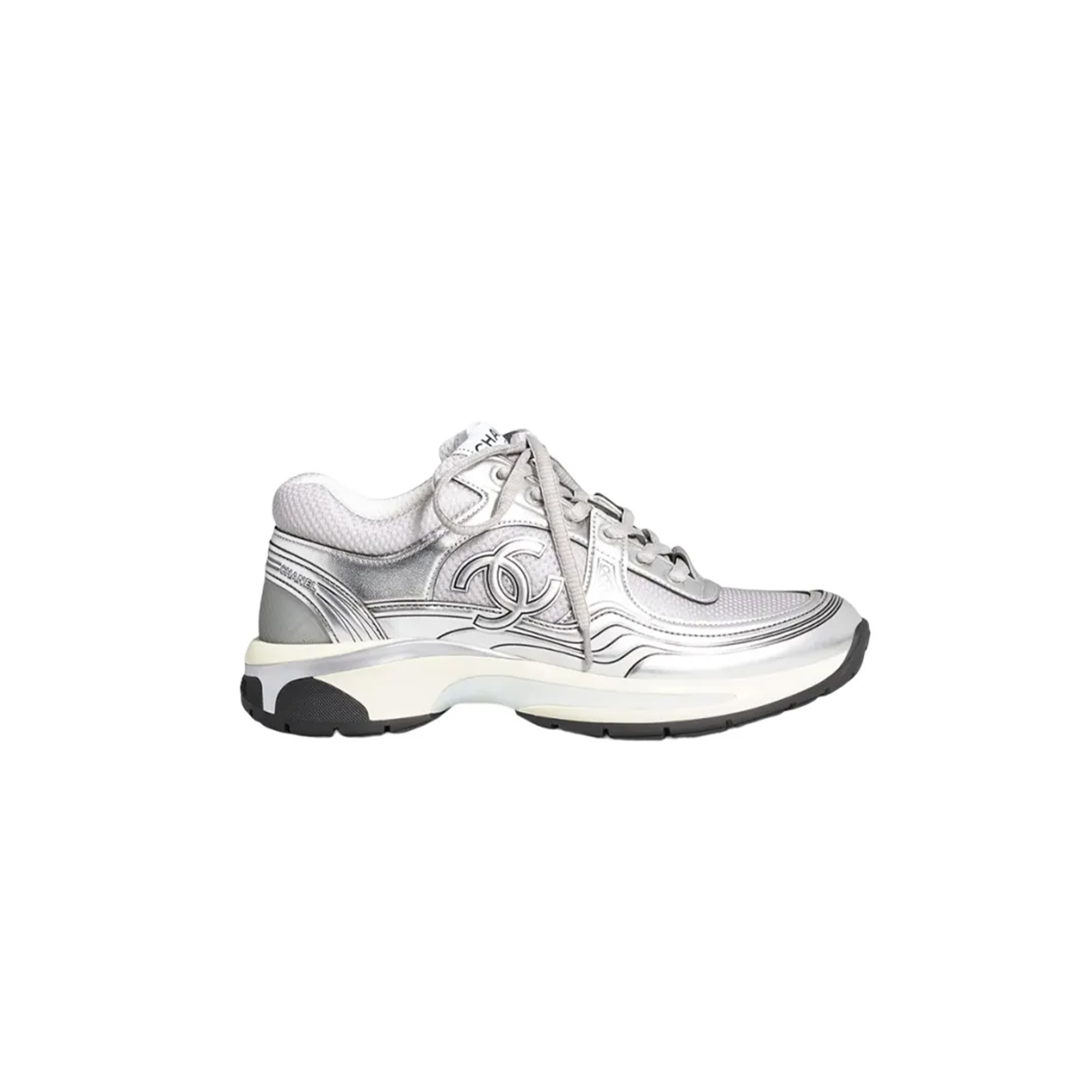 CHANEL  FABRIC LAMINATED CALFSKIN STRETCH CC SNEAKERS WHITE SILVER G39792